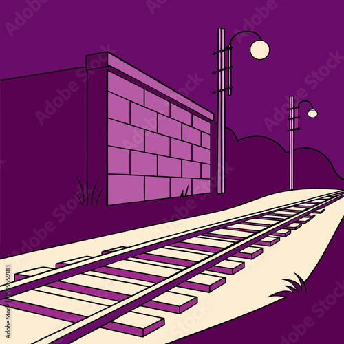 Rail tracks leading to a brick wall under streetlights at dusk  