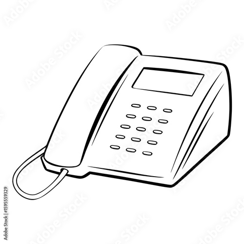 Desk telephone illustration with keypad in black line art  