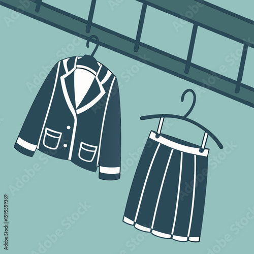 School uniform jacket and skirt hanging on a hanger  