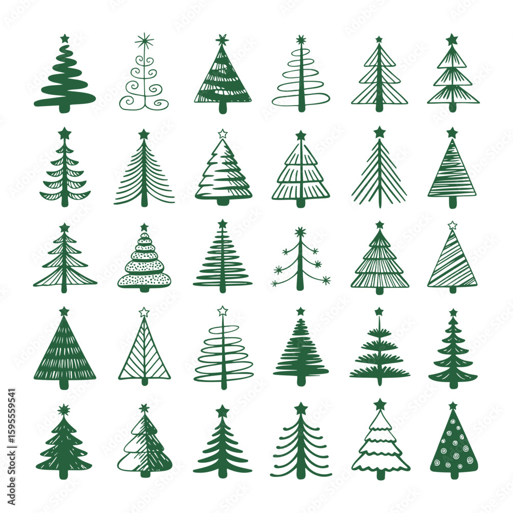 Obraz premium Collection of assorted christmas tree doodles with varying designs and star toppers arranged in a grid pattern