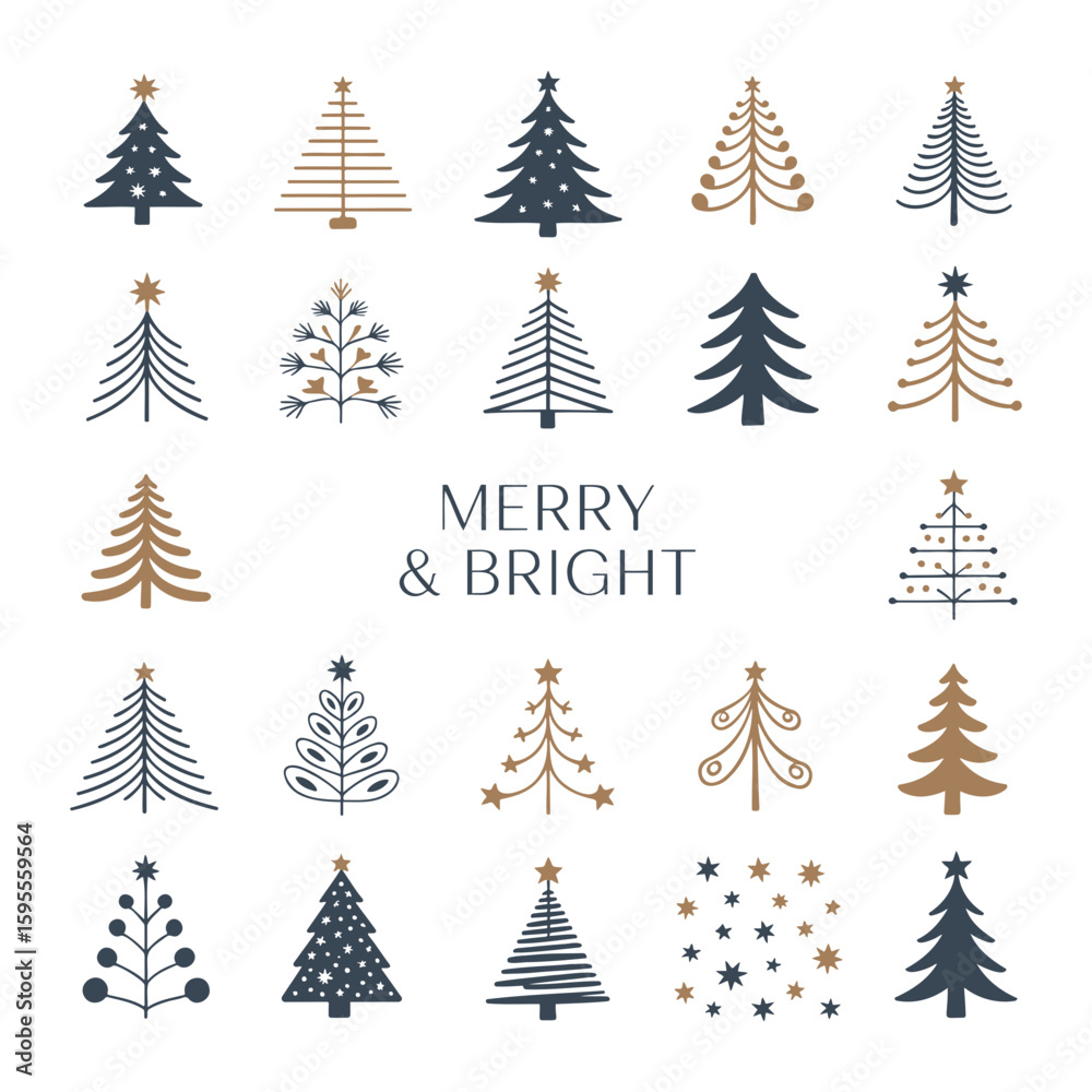 Obraz premium Collection of christmas trees in various styles and colors arranged on a white background with merry bright text