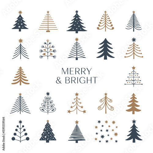 Collection of christmas trees in various styles and colors arranged on a white background with merry bright text