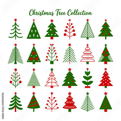Collection of twenty four christmas trees with different designs and star toppers in green and red colors