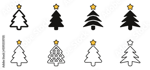 Eight christmas trees with star toppers in varying styles and black and white color schemes arranged neatly