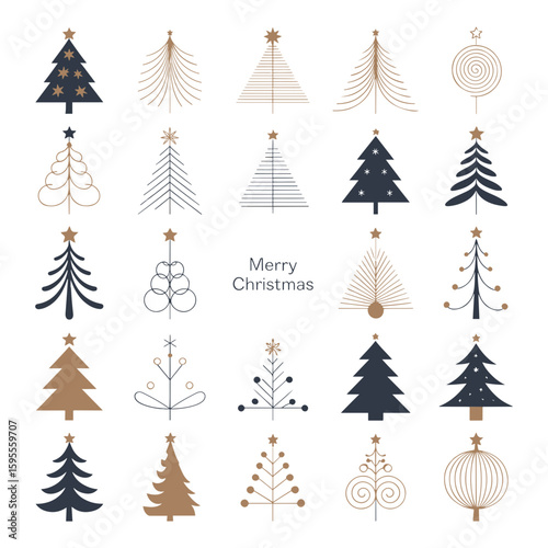 Collection of twenty one christmas trees with different designs and styles in gold and dark blue colors