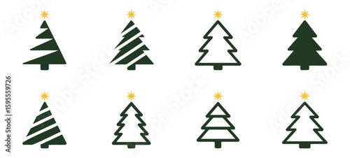 Eight stylized christmas trees with star toppers in varying designs on a white background holiday illustration