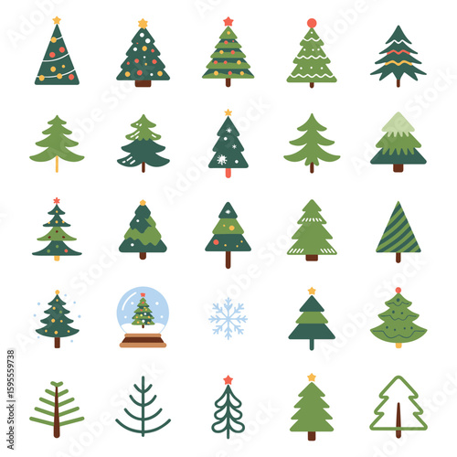 Illustration featuring a collection of assorted christmas trees and a snow globe on a white background image