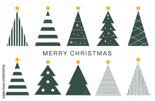 Illustration of ten christmas trees with different designs and a merry christmas text in the middle