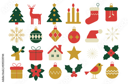 Illustration of christmas themed icons including trees reindeer ornaments and holiday decorations set on white