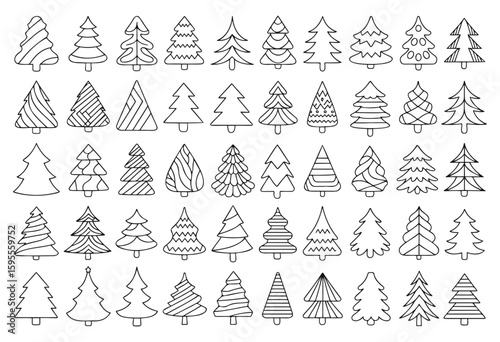 Illustration of various christmas trees with different patterns and shapes arranged in a rectangular grid format