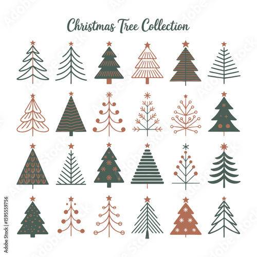 Illustration of twenty christmas trees with various designs and star toppers arranged in a grid pattern