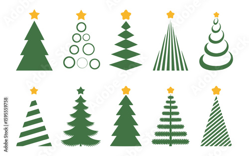 Collection of ten stylized christmas trees in various geometric shapes and designs with star toppers