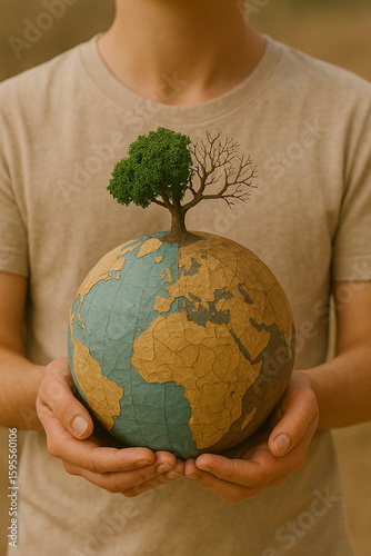 Symbol für Klimawandel: Mensch hält Erde mit halbtotem Baum