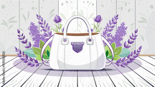White handbag laid on a white wooden floor with lavender decorations in a shabby chic style .background white.