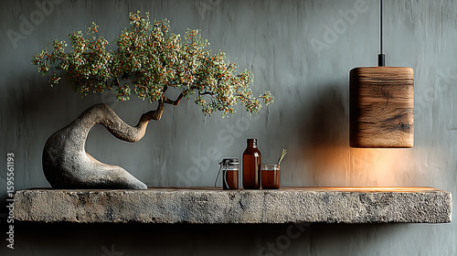 old wooden table with bonsai