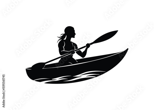 A Woman kayaking Silhouette black Vector white Background