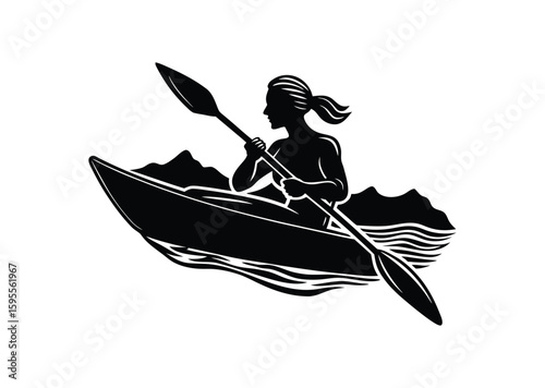 A Woman kayaking Silhouette black Vector white Background