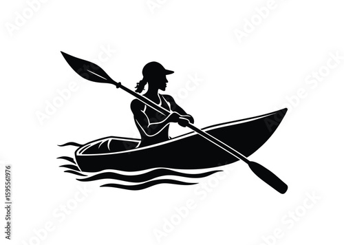 A Woman kayaking Silhouette black Vector white Background