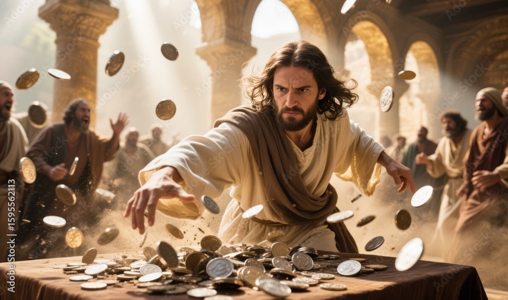 Fototapeta premium Jesus Cleansing the Temple: A Bold Act of Righteous Anger and Spiritual Purity