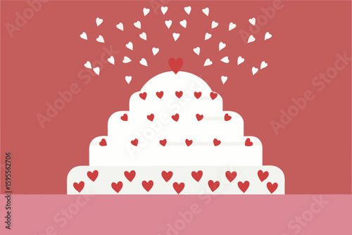 Heart-themed wedding cake with falling love hearts on pink background  