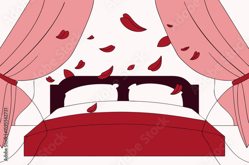 Romantic bedroom with rose petals and pink curtains  