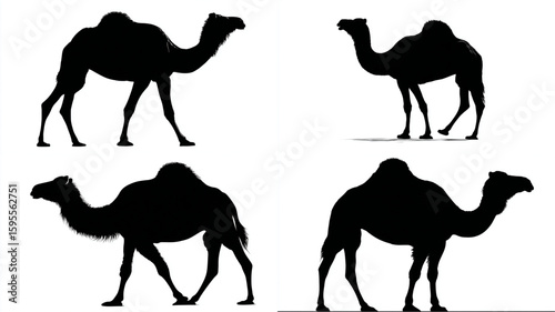 Four camel silhouettes showcase desert animal shapes in a graphic design element for creative projects.