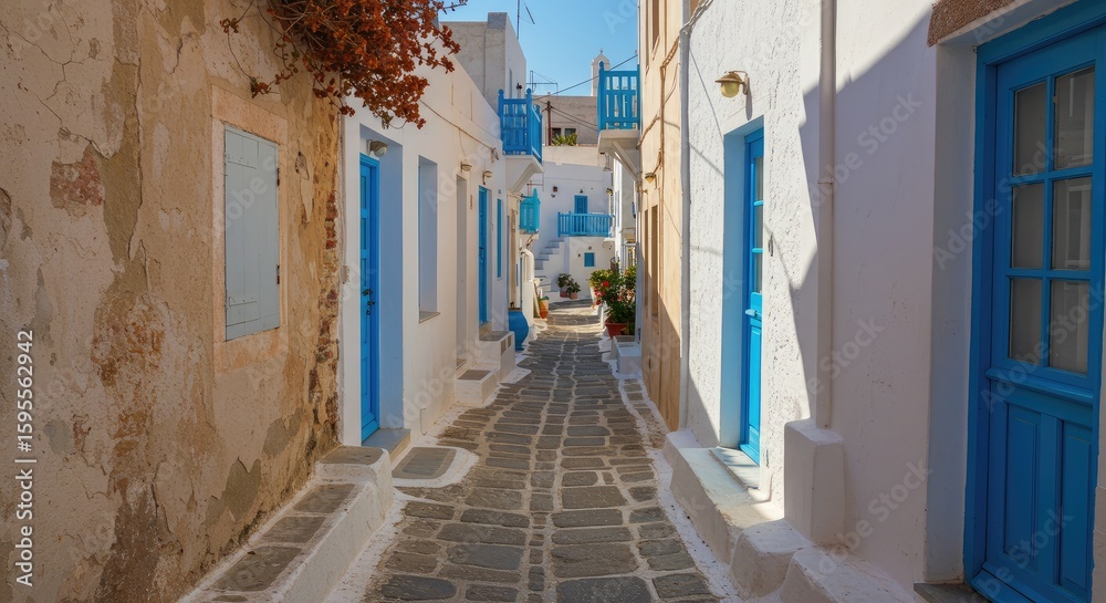 Fototapeta premium A sun-drenched alleyway in a whitewashed village, with blue doors and balconies. Bright sunlight illuminates the narrow street