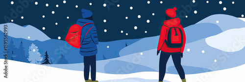 Two hikers in winter clothing with backpacks standing in snowy landscape under starry night sky mountain scene flat minimalist vector design