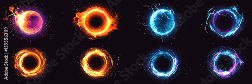 Set of abstract glowing energy portals rings with fire and lightning effects in orange and blue on black background vector illustration for concept design or sci fi visual elements pack collection