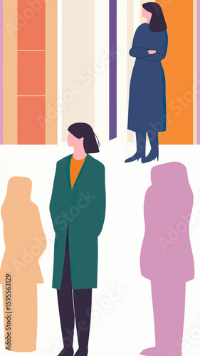 Minimalist abstract illustration of two women standing in modern colorful interior space with warm tones and shadows emphasizing form and posture