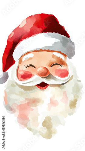 Smiling Santa Claus portrait with red hat white beard rosy cheeks festive watercolor digital painting cheerful holiday character close up face illustration