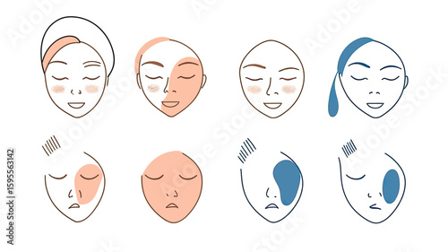 Minimalist flat vector illustration of female faces with different skin care treatments including makeup removal and blue mask applications in calm expressions