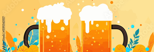 Two frothy beer mugs with foam and bubbles on orange background with autumn leaves festive celebration flat vector illustration