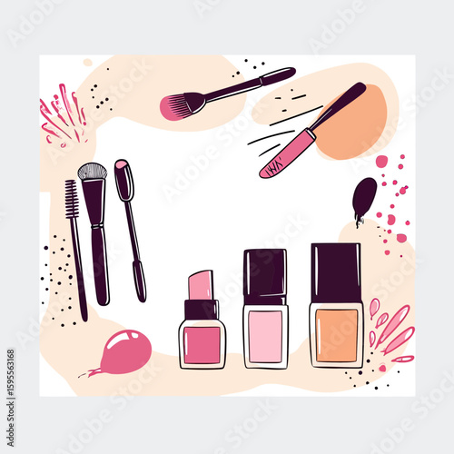 Hand drawn makeup beauty cosmetics set with nail polish lipsticks mascara brushes and creamy foundation flat minimalist vector illustration on white background