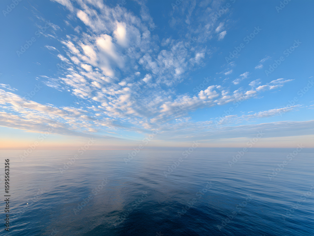 Obraz premium Panoramic View of Calm Ocean Under Soft Cloudy Sky at Sunset with Reflections and Distant Seabirds , Serene Seascape Background