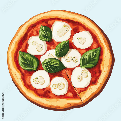 Top view vector illustration of Neapolitan style Margherita pizza with fresh basil leaves, mozzarella cheese, tomato sauce, and crispy golden crust in flat minimalist design