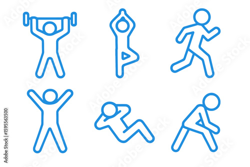 Light blue icons of people exercising: yoga, stretching, lifting. Perfect for fitness apps and healthy lifestyle visuals.