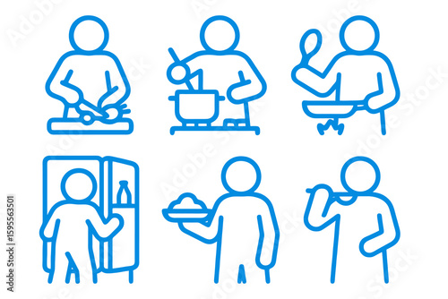 Light blue vector icons of people cooking and preparing meals. Includes frying, tasting and fridge use.