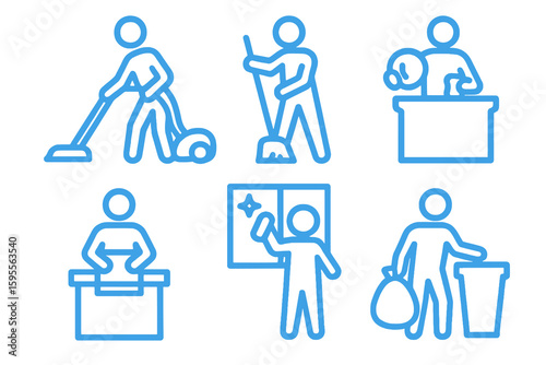 Simple household activity icons in light blue. Designed for cleaning service UI, lifestyle apps, and infographics.