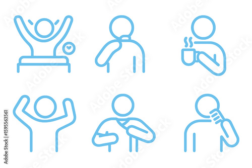 Simple vector icons in light blue color showing daily routines like dressing, drinking coffee and personal hygiene.