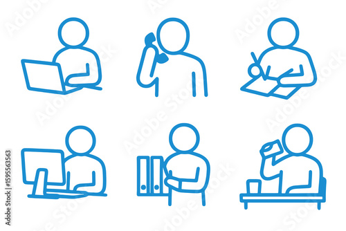 Light blue icons of office tasks like typing, calling, and organizing folders. For workplace UI and app assets.