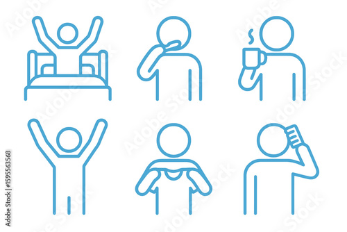 Light blue icons of people starting the day: brushing teeth, waking up and stretching. Perfect for lifestyle UI kits.