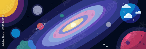 Intergalactic icon set with galaxies, moons, sun, and planets in deep space