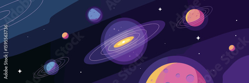 Icon set of galaxies, moons, planets, and stars in a starry night space background