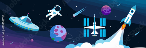 Cosmic icons pack with rocket, flying saucer, space station, and starry background