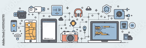 Smart tech vector icons set with digital screens and devices – Suitable for navigation apps, tech UI templates, or development platforms