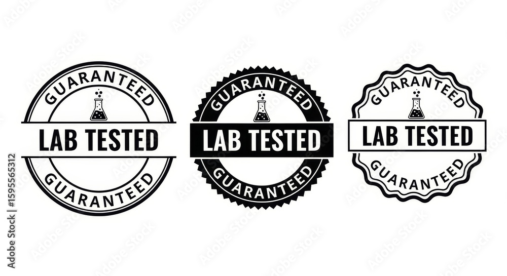 Fototapeta premium Three circular stamps guaranteeing lab tested with a science flask icon