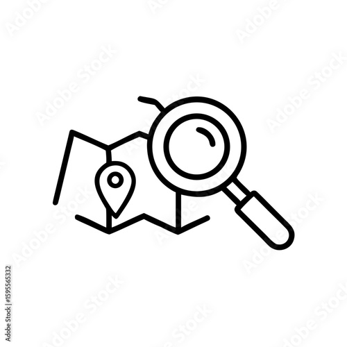 Magnifying glass over map marker symbolizing exploration icons  