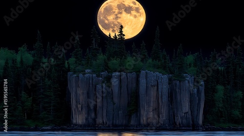 Rocky shoreline at night under a large full moon.