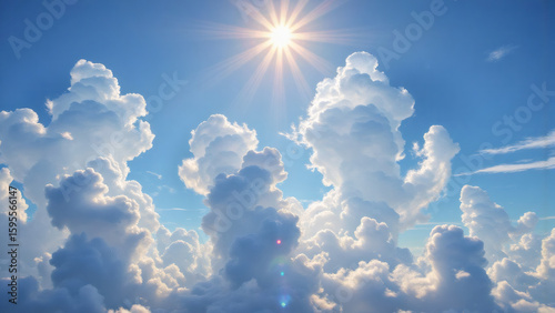 Radiant Sunlight Through Cumulus Clouds: Sky High Panorama